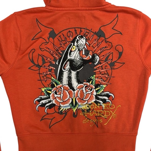 Ed Hardy Y2K Hoodie Double Sided Graphics Death Before Dishonor Crop Top Hoodie - Picture 8 of 12